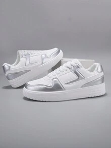 男士轻便运动鞋舒适低帮休闲鞋系带鞋休闲运动鞋小厚底增高鞋百搭明星鞋 - 銀色 - 查看 9