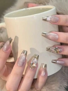 24 片芭蕾形按压假指甲，渐变闪亮钻石，猫眼，酷炫日韩风女士指甲贴片，时尚指尖，搭配 1 片果冻胶和 1 片摩擦条。适合女性派对、舞会、日常休闲装，可拆卸可重复使用 - 彩色 - 查看 2