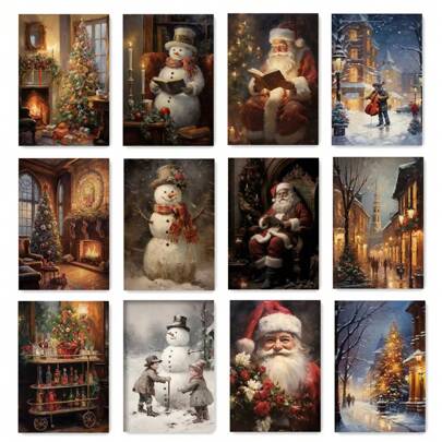 3 pezzi Dipinti su tela vintage con tema accademico, decorazione natalizia per parete, Paesaggio invernale campestre con Babbo Natale, cartellone d'arte festiva senza cornice