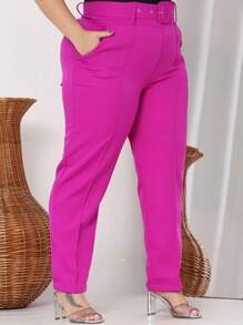 Women's Plus Size Skinny Tailored Pants With Belt - Màu Hồng Tươi - Xem 4