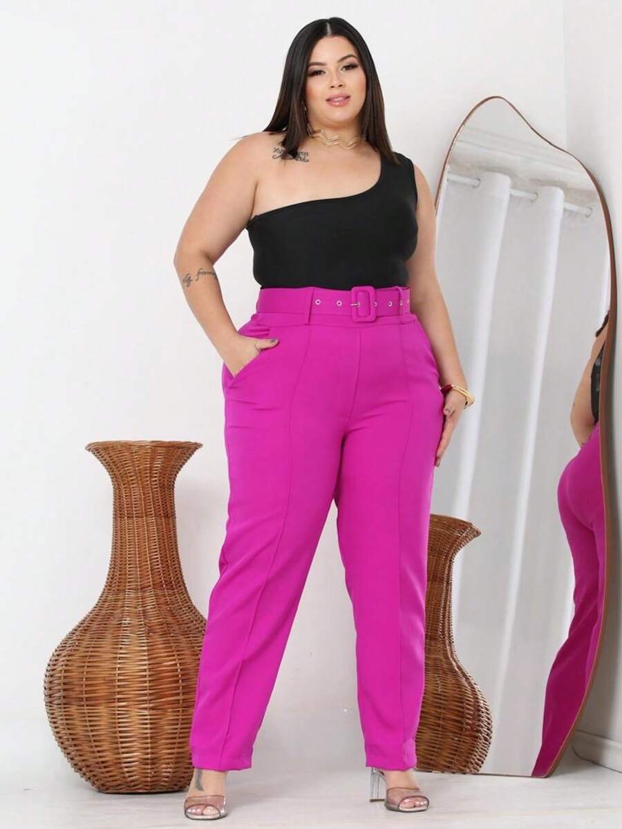 Women's Plus Size Skinny Tailored Pants With Belt - Màu Hồng Tươi - Xem 1
