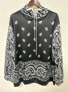 Plus Size Men 3D Paisley Floral Print Hoodie Sweatshirt - Black - View 3