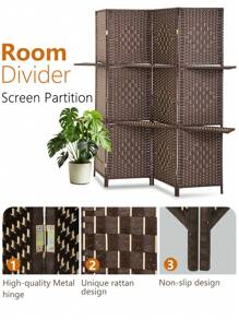 Room Divider Room Screen Divider Wooden Screen Folding Portable Partition Screen Wood With Removable Storage Shelves (4 Panel) - 棕色 - 查看 3