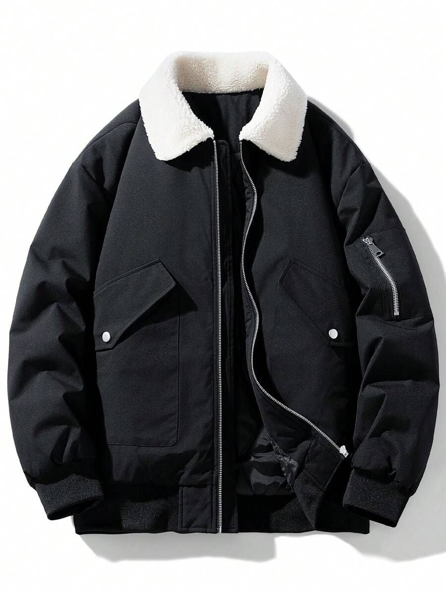 Plus Size Men's Long Sleeve Zip-Up Thermal Lined Winter Coat, Loose Fit Outerwear, Autumn/Winter - Black - View 1