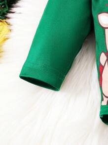 4pcs/Set Baby Boy Christmas Autumn Outfit, Santa Claus & Deer Print Long Sleeve Top + Pants + Headband + Hat Christmas 4-Piece Set - Green - View 4