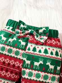 4pcs/Set Baby Boy Christmas Autumn Outfit, Santa Claus & Deer Print Long Sleeve Top + Pants + Headband + Hat Christmas 4-Piece Set - Green - View 2