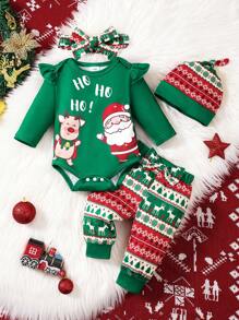 4pcs/Set Baby Boy Christmas Autumn Outfit, Santa Claus & Deer Print Long Sleeve Top + Pants + Headband + Hat Christmas 4-Piece Set - Green - View 1