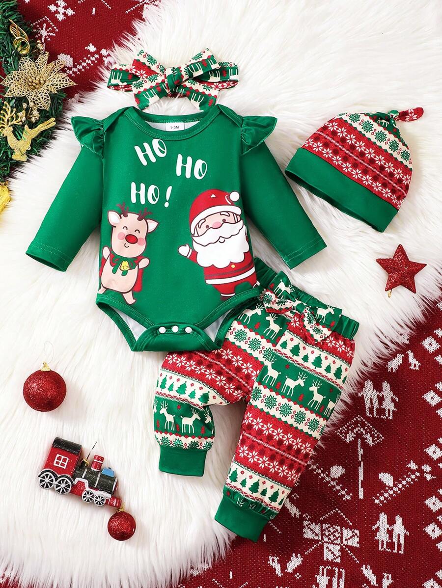 4pcs/Set Baby Boy Christmas Autumn Outfit, Santa Claus & Deer Print Long Sleeve Top + Pants + Headband + Hat Christmas 4-Piece Set - Green - View 1