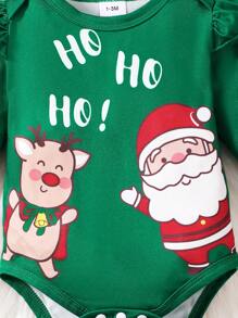 4pcs/Set Baby Boy Christmas Autumn Outfit, Santa Claus & Deer Print Long Sleeve Top + Pants + Headband + Hat Christmas 4-Piece Set - Green - View 5