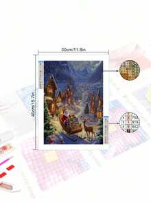 5D DIY 钻石画马赛克 - 圣诞树和雪人景观，钻石艺术套件适用于家居装饰墙 - 淺藍色 - 查看 2