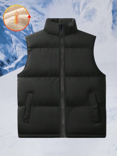 1pc Teen Boy Casual Outdoor Exercise Thermal Lined Windproof Warm Stand Collar Vest, Spring/Autumn/Winter