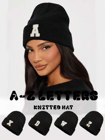 1 件男女通用秋冬弹力针织无檐便帽，时尚街头嘻哈帽，带 26 个字母刺绣标志，Y2K 风格保暖袖口帽