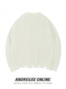 ANDREILEE Spring/Autumn/Winter New Men's Street Fashion Design Handmade Drawstring Hem & Cuff Distressed Fringe Black Simple Long Sleeve Sweater, Unisex Casual Loose Pullover Knit Top