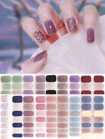 14pcs 3D Design, Full Coverage DIY Nail Art Set,Elegant Solid Color Jumping Gradient Glitter Nail Stickers, Long Lasting And Waterproof, Ideal For Party And Daily Nail Art