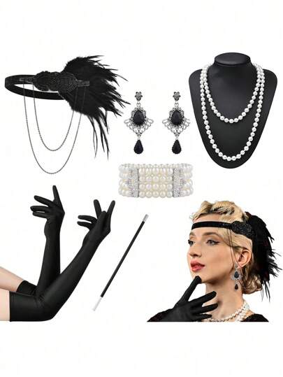 Set de 6 piezas de accesorios de los años 20 para mujer, estilo charlestón, con diadema de plumas artificiales, para fiesta de época, disfraz, cosplay, baile de graduación y decoración de Halloween