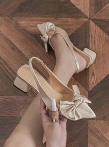 Women's Pointed Toe Slip-On High Heel Shoes With Bow Decor, Solid Color Chunky Heel Pumps, Elegant And Comfortable For Daily Wear, Versatile For Outdoor, Commute, Party, Formal Occasions, Autumn/Winter, Beige Satin High Heels, Suitable For Christmas, Music Festivals, Mother's Day - Beige - View 14
