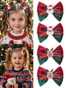 2pcs Girls Christmas Velvet Bow, Reindeer, Santa Claus Hair Clips, Cute & Elegant Party Hair Accessories For Kids