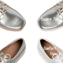 Elegant Women's Platform Oxford Shoes - Classic Chunky Design With Patent Leather PU, Square Toe And Wedges - Casual Lace Up Sneakers For Everyday Style - 銀色 - 查看 2