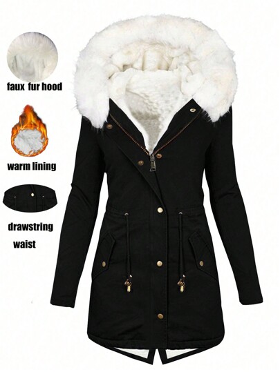 Women Winter Coat Long Sleeve Fluffy Hood Button Down Long Coats Fall Casual Fleece Linning Warm Thermal Jackets Black