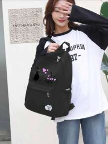 Large Capacity School Backpack For Women Students Waterproof Nylon With Pencil Case 111-3 - 黑色 - 查看 1