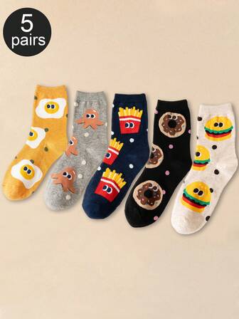 5 Pairs Cute Cartoon Food Expression Pattern Women's Comfy Crew Socks, Suitable For Daily Use