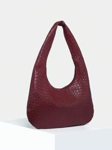 1个女士复古简约休闲仿皮安哥拉红编织纹理大容量单肩包，适合外出、约会、通勤。 - 酒紅色 - 查看 2