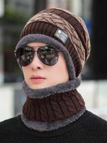 1 件男士简约针织围巾和帽子套装，秋冬保暖厚针织帽带面罩，适合户外活动万圣节冬季配饰万圣节装饰