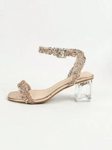 Damen Mule Sandalen mit kristallbesetzter Blockabsatz, offene Zehenpartie mit Nieten, Slip-On, glamouröser Champagner-Klassiker für Partys