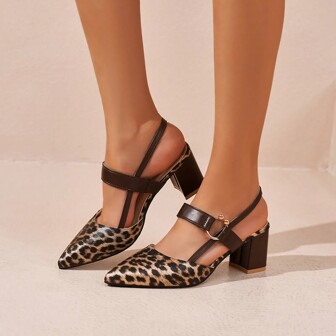 Sandalias de tacón grueso con hebilla, de estilo de bloque de colores con estampado de leopardo, nuevo lanzamiento de verano para mujeres