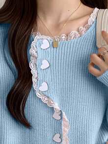 JIANHU Round Neck Lace Edge Sweet Heart Button Short Cardigan - Blue - View 5