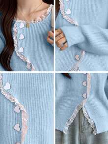 JIANHU Round Neck Lace Edge Sweet Heart Button Short Cardigan - Blue - View 6