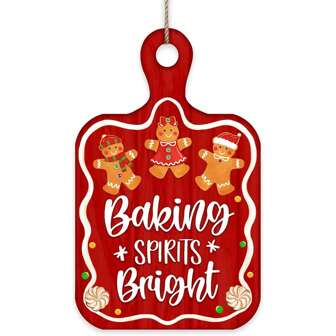 圣诞节烘焙精神明亮的前门标志，圣诞姜饼人切菜板木门挂件户外门廊装饰，节日木制花环室内厨房壁挂装饰