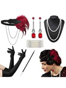 D EXCEED 6 件 20 世纪 20 年代女式飞来波女郎了不起的盖茨比配饰套装咆哮的 20 年代主题复古时尚派对查尔斯顿化装舞会万圣节装饰礼物化妆舞会角色扮演带人造羽毛头带舞会 - 多色 - 查看 38