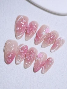 3D立体花卉美甲装饰，渐变玫瑰裸色法式美甲，100%纯手工制作，杏仁形按压式美甲贴片，10片/套，可重复使用，DIY美甲设计，女士美甲用品，美甲配件 - 玫紅色 - 查看 1