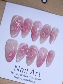 3D立体花卉美甲装饰，渐变玫瑰裸色法式美甲，100%纯手工制作，杏仁形按压式美甲贴片，10片/套，可重复使用，DIY美甲设计，女士美甲用品，美甲配件 - 玫紅色 - 查看 4