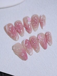 3D立体花卉美甲装饰，渐变玫瑰裸色法式美甲，100%纯手工制作，杏仁形按压式美甲贴片，10片/套，可重复使用，DIY美甲设计，女士美甲用品，美甲配件 - 玫紅色 - 查看 5