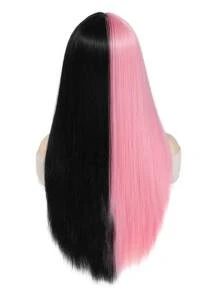 合成头发 26 英寸长直发半粉半黑角色扮演假发，带刘海，双色渐变色，女士假发，带平刘海，适合角色扮演日常派对使用，耐热纤维发，学校万圣节感恩节圣诞节新年狂欢节音乐节假发，高密度假发