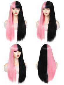 合成头发 26 英寸长直发半粉半黑角色扮演假发，带刘海，双色渐变色，女士假发，带平刘海，适合角色扮演日常派对使用，耐热纤维发，学校万圣节感恩节圣诞节新年狂欢节音乐节假发，高密度假发