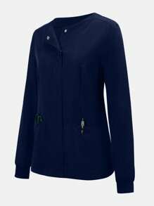 女式皱褶前部手术服制服夹克，带口袋，长袖紧身束腰外衣 - 藏蓝色 - 查看 5