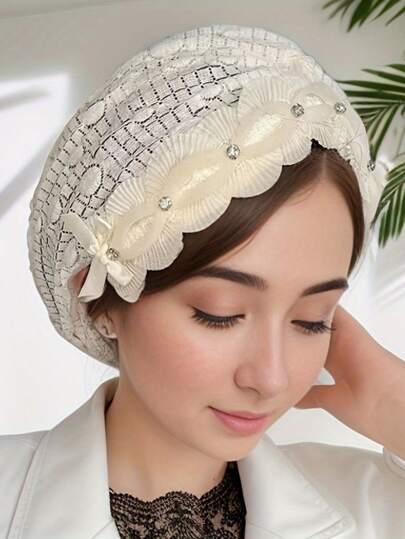 1件装涤纶女士蝴蝶结格子帽，正面饰有水钻，四季皆宜，优雅精致，柔软亲肤，情人节礼物/睡帽