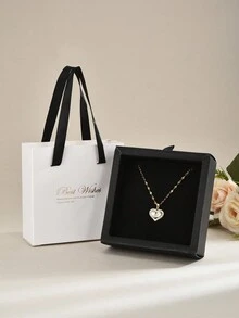 1 件礼盒装奢华不锈钢方晶锆石心形吊坠项链女士 - 金黃色 - 查看 10