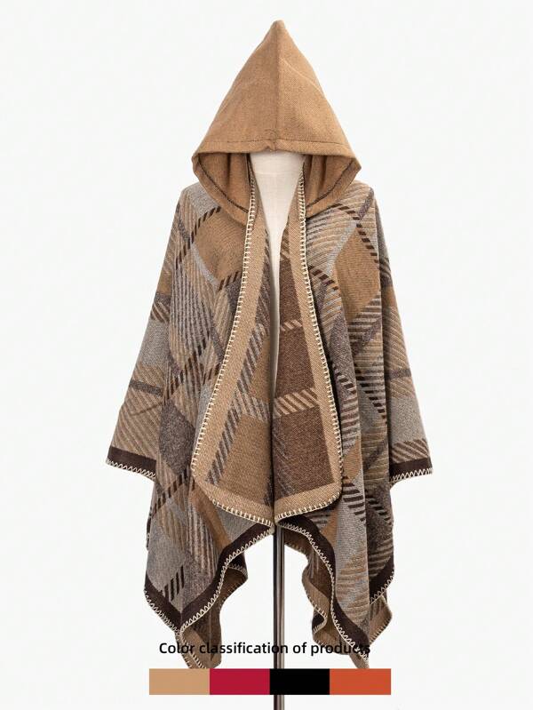 1 Stück geometrisches Muster lässiger gewebter Jacquard Kapuzen-Cape Poncho, Acryl Karomuster dick & warm Schal, geeignet für Büro, Herbst/Winter