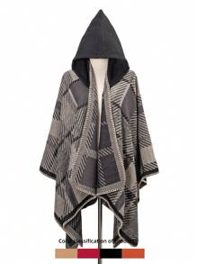 1 件几何图案休闲编织提花连帽斗篷，亚克力格子图案厚实保暖围巾披肩，适合办公室、秋冬季