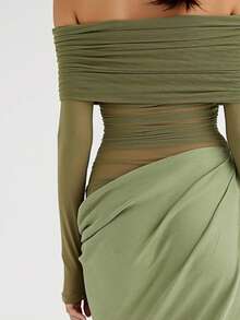 Solid Color Long Sleeve Off-Shoulder Sexy Bodycon Splice Dress - Green - View 4
