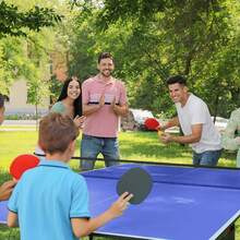 SPORTNOW 9FT Foldable Table Tennis Table, Fold Into Quarters, Indoor Portable Full Size Ping Pong Table With Cover, Net, Paddles, Balls, Blue - Blue - View 1