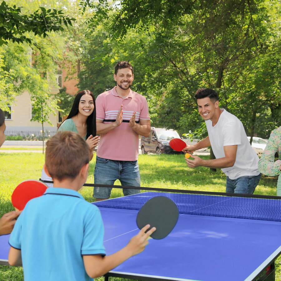 SPORTNOW 9FT Foldable Table Tennis Table, Fold Into Quarters, Indoor Portable Full Size Ping Pong Table With Cover, Net, Paddles, Balls, Blue - Blue - View 1