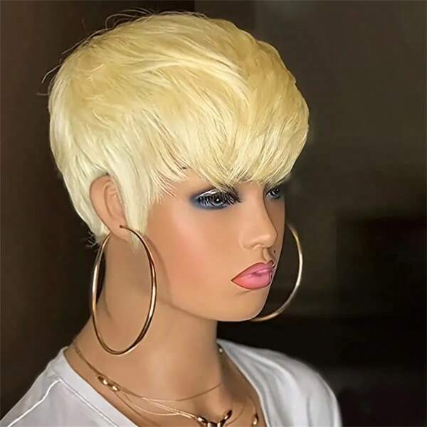 Peruca curta de 6 polegadas 100% cabelo humano corte pixie para mulheres cabelo em camadas com franja peruca corte de cabelo peruca feita à máquina completa