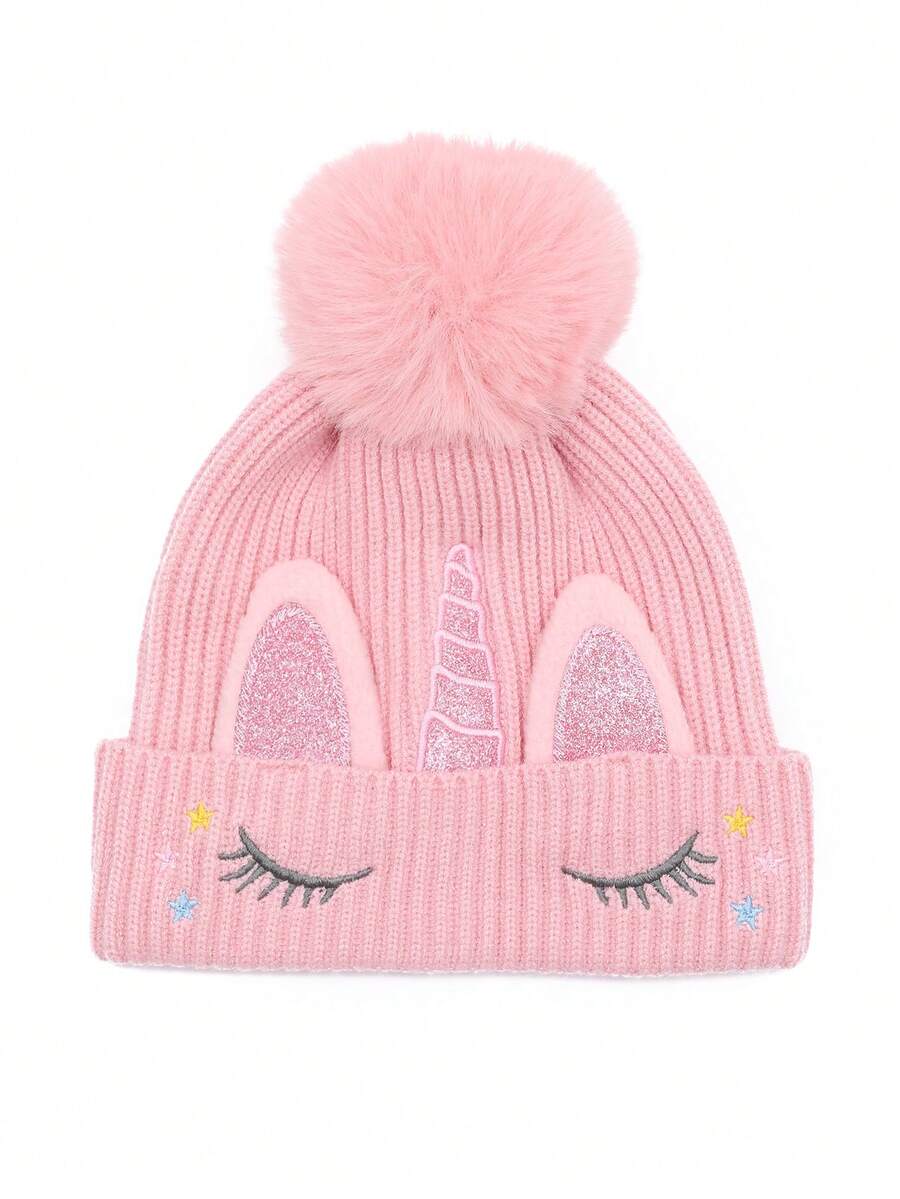 1 件甜美可爱羊毛仿貂毛角设计儿童保暖护耳毛绒帽，秋冬女童无檐便帽 - 1PC - 查看 1