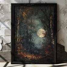 1pc Framed/Unframed Gothic Style Forest Moon Night Aesthetics Art Retro Poster Dark Academia Moody Vintage Painting Canvas Print Wall Picture Ideal Gift For Dorm,Apartment,Living Room,Bedroom,Home Decoration - Multicolor - View 1