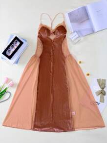 Sexy Lingerie: Lace & Velvet Splicing, Bowknot, Faux Button, High Slit, Detachable Padded, Backless Camisole Nightgown - Pink - View 10